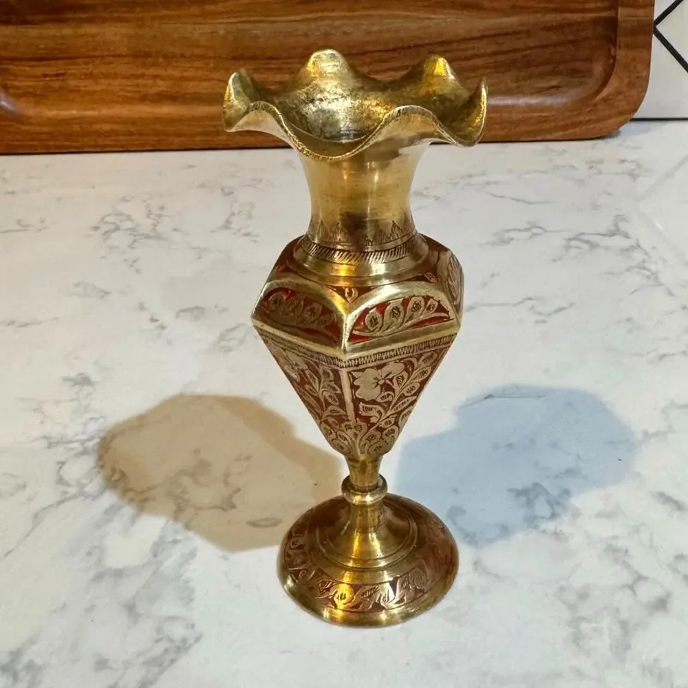 vintage Indian brass bud vase hand-engraved floral motifs red enamel detailing